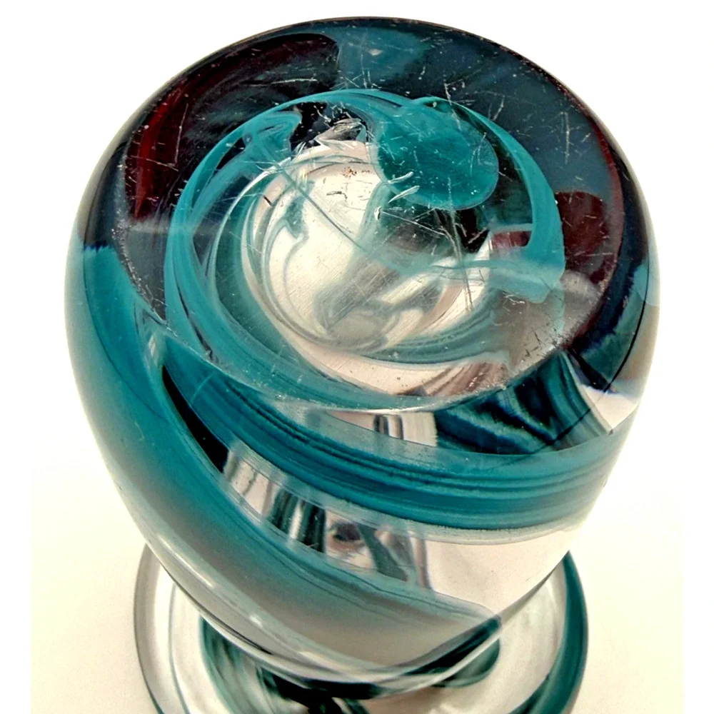 Vintage Hand Blown Studio Art Glass Swirl Bud Vase Teal Blue Heavy Flared Rim